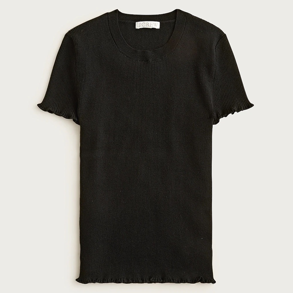 Black J. Crew Ruffle-trim T-shirt in TENCEL™ lyocell blend lettuce hem classic - Picture 2 of 6